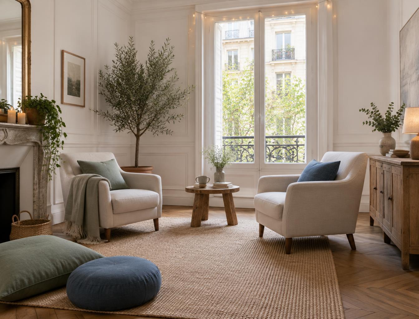 Cabinet chaleureux en lumière douce, fauteuils en lin, bois et pierre
